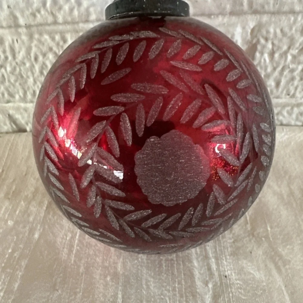 Pottery Barn Large Mercury Etched Glass Christmas CRANBERRY Ornament Ball Red 4